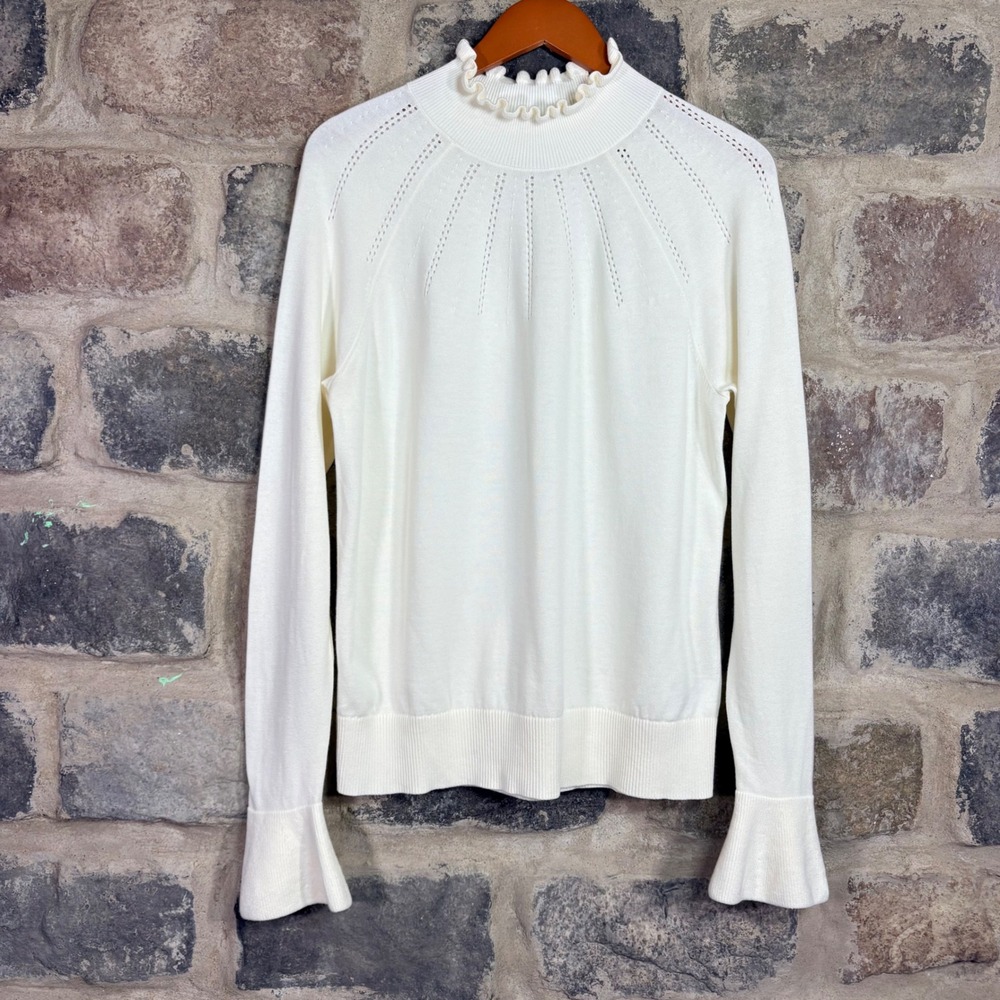 Lands' End Ivory Cotton Pointelle Ruffle Mock Neck Bell Cuff‎ Sweater Large